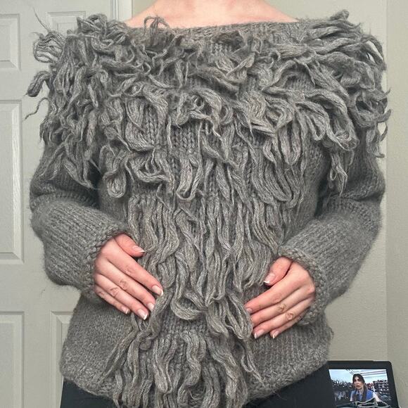 KKIBO Baby Alpaca Gray Fringe Knit Boatneck Sweater S/M - Picture 2 of 8